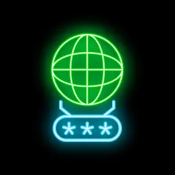 Neon icon of earth globe floating over password symbol 库存插图