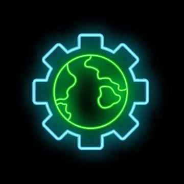 Neon icon of earth globe inside gear wheel on black background Stock Illustration