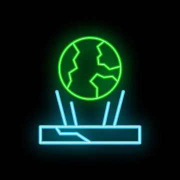 Neon icon of earth globe levitating over platform with light rays Stock Illustration