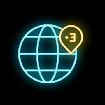 Neon icon of earth globe with location pin showing letter e Stock Illustration
