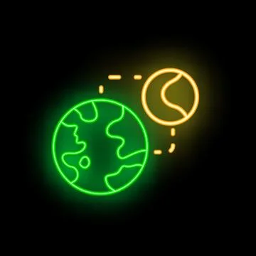 Neon icon of earth orbiting around the sun on black background Stock Illustration