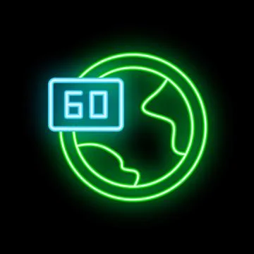 Neon icon of earth with sixty seconds timer showing deadline Stock Illustration