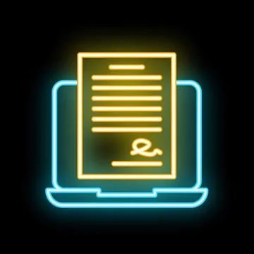 Neon icon of electronic signature on document displaying on laptop screen Stock Illustration