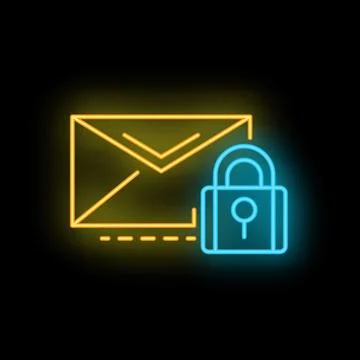 Neon icon of email envelope being secured with padlock Ilustración de archivo