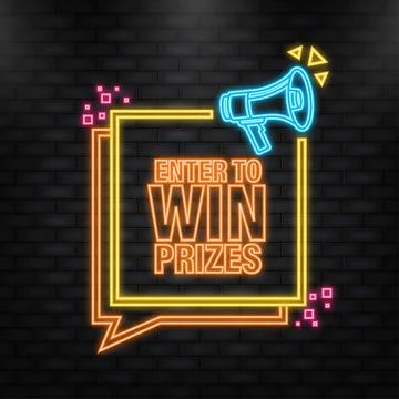 Neon Icon. Enter to win prizes megaphone yellow banner in 3D style on white Stockillustratie