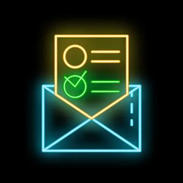 Neon icon of envelope with checked items on document representing online surv Stock Illustration