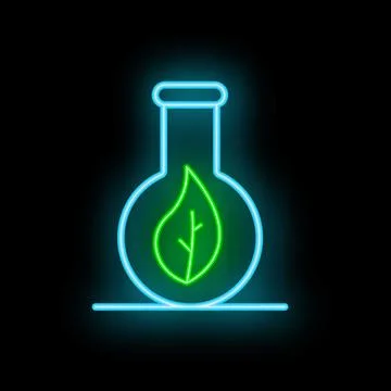 Neon icon of erlenmeyer flask containing green leaf symbolizing bio research Stock Illustration
