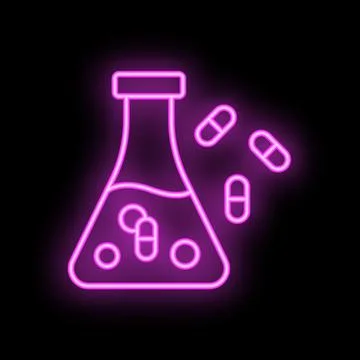 Neon icon of erlenmeyer flask containing pills dissolving in liquid Stock Illustration