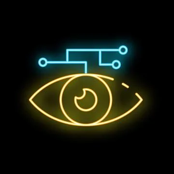 Neon icon of eye analyzing data through neural network イラスト素材