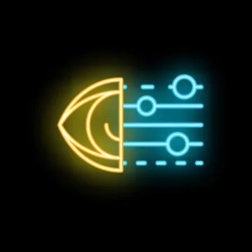 Neon icon of eye analyzing data through neural network Stockillustratie