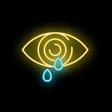 Neon icon of eye crying with tears falling from iris on black background Stock Illustration