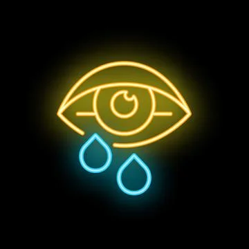 Neon icon of eye crying with two blue tears on black background Stock Illustration
