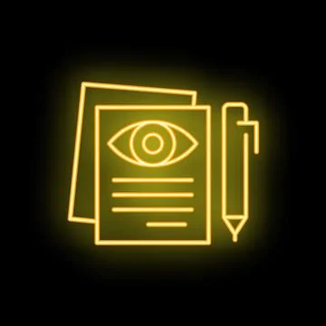 Neon icon of eye on document with pen representing witness statement Stock Illustration