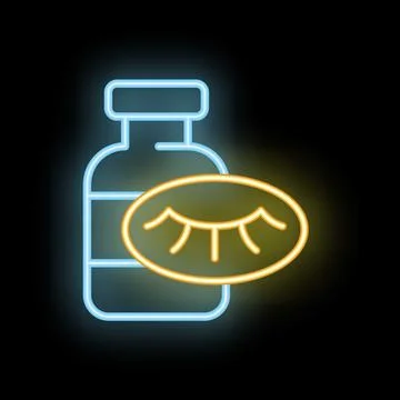 Neon icon of eye drop bottle glowing on dark background Stock Illustration