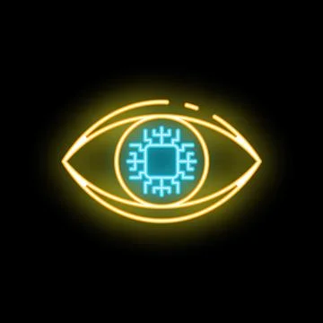 Neon icon of eye with microchip representing artificial intelligence Stock Illustration
