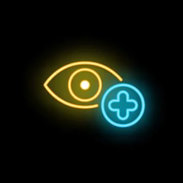 Neon icon of eye with plus sign representing improved vision Stock Illustration