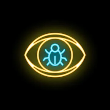 Neon icon of eye watching a computer bug representing cybersecurity threat Illustrazione stock