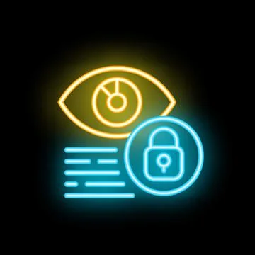 Neon icon of eye watching over data protecting with password Illustrazione stock