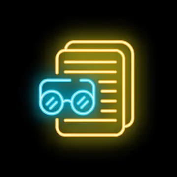 Neon icon of eyeglasses resting on stack of papers representing reading and.. Stock Illustration