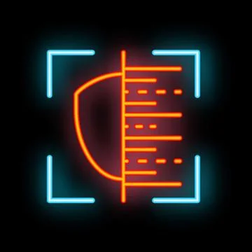 Neon icon of face recognition system scanning a face Illustrazione stock