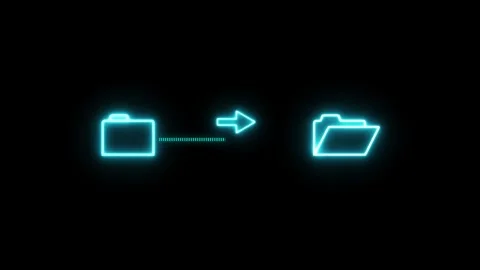 Neon icon featuring glowing cyan colored outline folder and symbol. 스톡 동영상 332467097