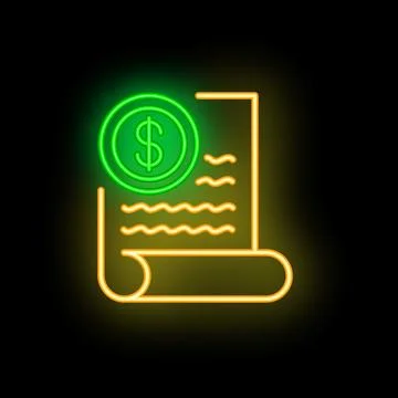 Neon icon of financial document with dollar coin representing investment ag.. Illustrazione stock