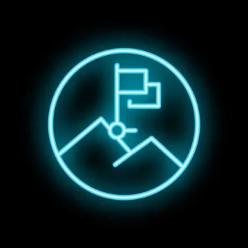 Neon icon of flag on mountain top symbolizing success Stock Illustration