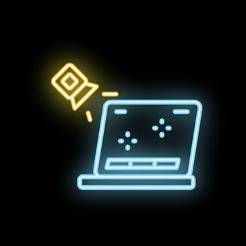 Neon icon of a flashlight pointing at a laptop screen representing data ana.. 스톡 일러스트