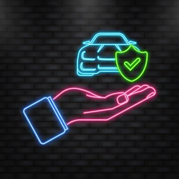 Neon Icon. Flat infographic. Car insurance icon on blue background. Flat Stock Illustration