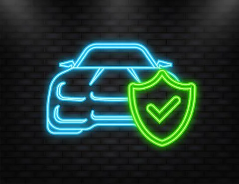 Neon Icon. Flat infographic. Car insurance icon on blue background. Flat Stock Illustration