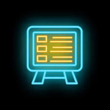 Neon icon of a flip chart displaying a business presentation with check box.. Illustrazione stock