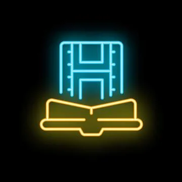 Neon icon of floppy disk saving data to a hard drive Stock Illustration