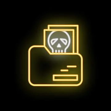 Neon icon of folder containing documents with skull logo representing data lo 스톡 일러스트