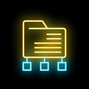 Neon icon of folder sharing with three users in yellow and blue colors Illustrazione stock