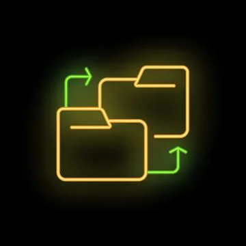 Neon icon of folders exchanging data on black background 스톡 일러스트