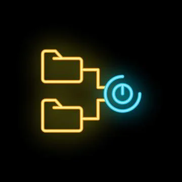 Neon icon of folders sharing data through network with power button Stock Illustration