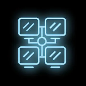 Neon icon of four computers connected to network sharing data Stock Illustration