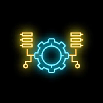 Neon icon of a gear connecting data servers representing data processing Stock Illustration