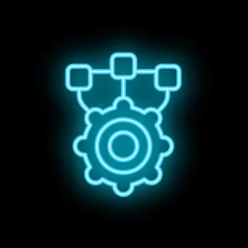 Neon icon of gear connecting to three digital squares representing automation Stock Illustration