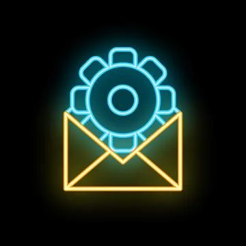 Neon icon of gear emerging from open envelope on black background Stock Illustration