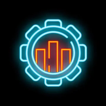 Neon icon of a gear encapsulating a bar graph on black background Stock Illustration