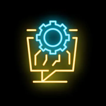 Neon icon of a gear engaging with a computer system symbolizing automation Stock Illustration