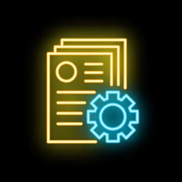 Neon icon of gear engaging with documents for automation concept Stock Illustration