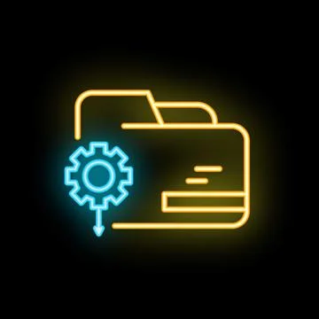 Neon icon of gear implementing changes to folder management system Stock Illustration