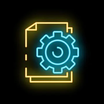 Neon icon of gear overlapping documents representing workflow automation Stock Illustration