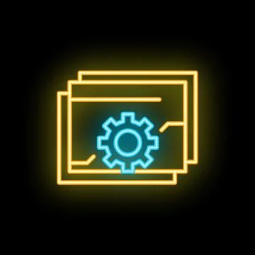 Neon icon of gear overlapping three documents representing project management Stock Illustration