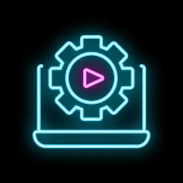 Neon icon of gear with play button over laptop representing video editing s.. Stock Illustration
