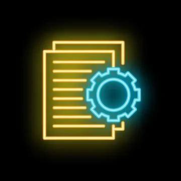 Neon icon of gear processing documents on black background Illustrazione stock