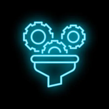 Neon icon of gears falling into a funnel representing lead generation Ilustração Stock