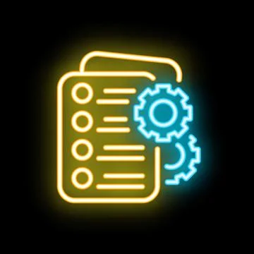 Neon icon of gears optimizing a checklist for project management efficiency Stock Illustration